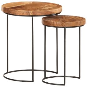 2 Piece Coffee Table Set Solid Acacia Wood and Steel - Brown