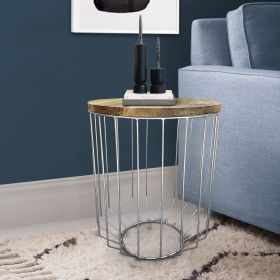 25 Inch Mango Wood Round Side End Accent Table; Tapered Slatted Cage Design; Handcrafted; Natural; Chrome; DunaWest - Default