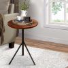 19 Inch Handcrafted Round Acacia Wood End Side Table; Sleek Tripod Metal Base; Walnut Brown; Black; DunaWest - Default