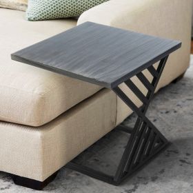 20 Inch Industrial Side End Table; Square Wood Top; C Shape Geometric Metal Frame; Gray; Black; DunaWest - Default