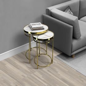 22; 20 Inch Round 2 Piece Marble Top Nesting End Table Set with Metal Frame; Brass Inlay; White; DunaWest - Default