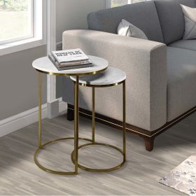 21; 18 Inch Transitional Style Round Marble Top Nesting End Table; Set of 2; Metal Frame; White; Brass; DunaWest - Default