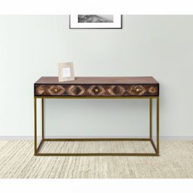 51 Inch 3 Drawer Mango Wood Console Table; Diamond Textured Panels; Metal Frame; Brown; DunaWest - Default