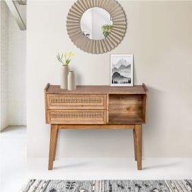 Ryan 35 Inch Cottage Style; 2 Drawer Mango Wood Rectangular Console Table; Cane Rattan Panels; Natural Brown; DunaWest - Default