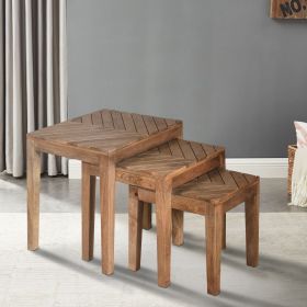 20; 17; 14 Inch 3 Piece Mango Wood Rectangular Nesting Table Set with Inlaid Herringbone Design; Natural Brown; DunaWest - Default