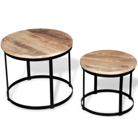 vidaXL Two Piece Coffee Table Set Rough Mango Wood Round 15.7"/19.7" - Black