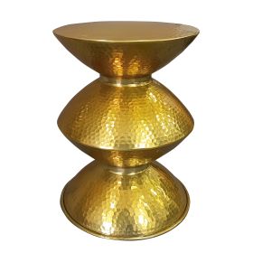 21 Inch Round Aluminum Side End Table with Hammered Embossed Metal Surface and Turned Pedestal Base; Gold Brass Finish; DunaWest - Default