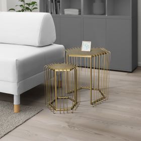 2 Piece Nesting End Side Table Set Hexagonal Top Wire Frame Metal Antique Brass;  DunaWest - Default