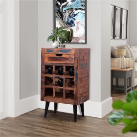 9 Bottle Storage Wine Rack Cabinet with 1 Drawer and Angled Metal Legs; Brown; DunaWest - Default