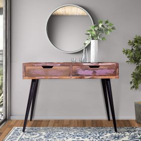 43 Inch 2 Drawer Reclaimed Wood Console Table; Angled Legs; Multi Tone Pastel Accent; Brown; Black; DunaWest - Default