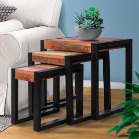 Rectangular Reclaimed Wood Nesting Side Table with Metal Base; Set of 3; Brown; Black; DunaWest - Default