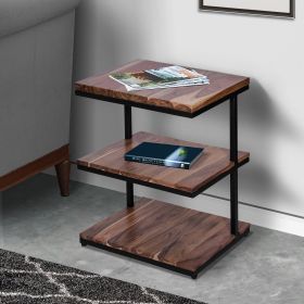 Industrial End Table with 3 Tier Wooden Shelves and Metal Frame; Brown and Black; DunaWest - Default