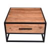 26 Inch Handcrafted Acacia Wood Accent Side End Table; Metal Frame; 1 Drawer; Black and Brown; DunaWest - Default