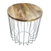 25 Inch Mango Wood Round Side End Accent Table; Tapered Slatted Cage Design; Handcrafted; Natural; Chrome; DunaWest - Default