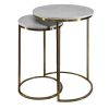 21; 18 Inch Transitional Style Round Marble Top Nesting End Table; Set of 2; Metal Frame; White; Brass; DunaWest - Default