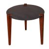 24 Inch Artisanal Round End Side Table; Aluminum Top; Tapered Acacia Wood Legs; Black; Warm Brown; DunaWest - Default