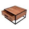 26 Inch Handcrafted Acacia Wood Accent Side End Table; Metal Frame; 1 Drawer; Black and Brown; DunaWest - Default