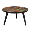 17 Inch Industrial Side Table; Reclaimed Wood; Round Multi Tone Top; Iron Trim; Brown; Black; DunaWest - Default